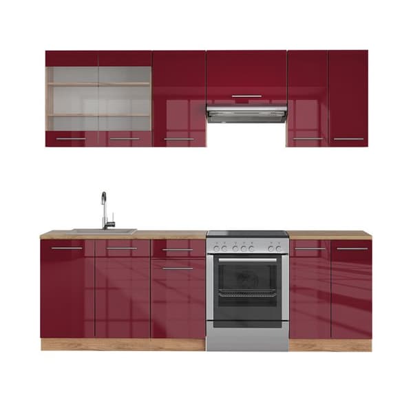 Fame-Line kök, 240 cm, PT Ek, Bordeaux blank/Gyllene ek, Vicco