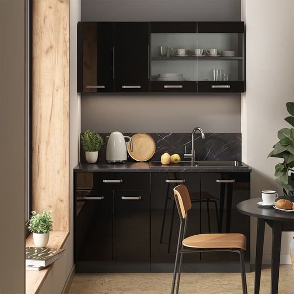 R-Line kök, 140 cm utan bänkskiva, Blank svart/Antracit, Vicco