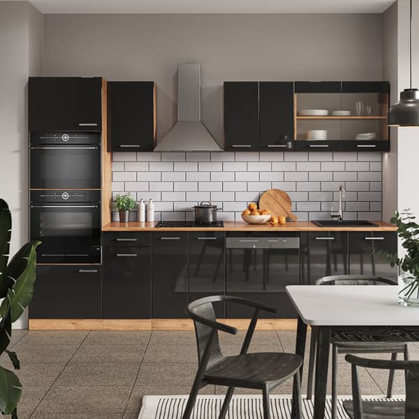 R-Line kök, 300 cm med högskåp, PT Marble, Blank antracit/Gyllene ek, Vicco
