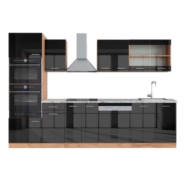 R-Line kök, 300 cm med högskåp, PT Marble, Blank antracit/Gyllene ek, Vicco