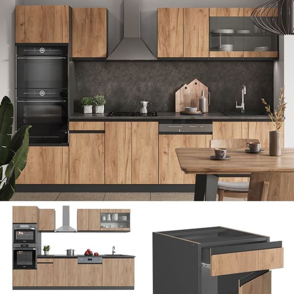 Kök R-Line, 300 cm med hög skåp, PT Anthracite, Gyllene ek/anthracite, Vicco