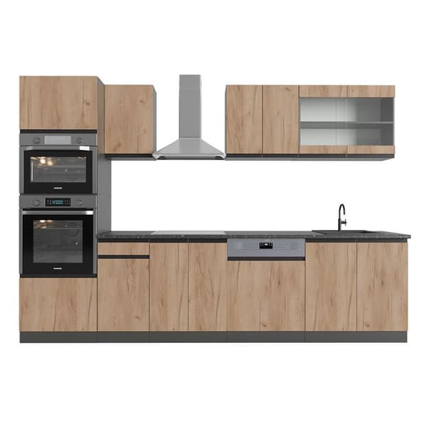 Kök R-Line, 300 cm med hög skåp, PT Anthracite, Gyllene ek/anthracite, Vicco
