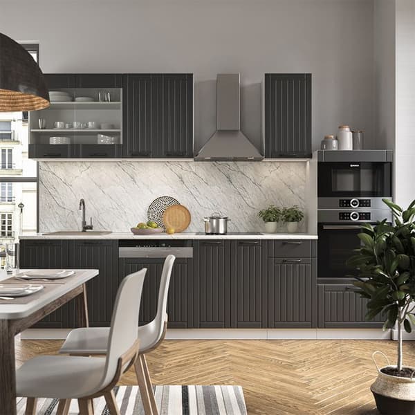Fame-Line kök, 300 cm med högskåp, PT Marble, Lanthus antracit/vit, Vicco