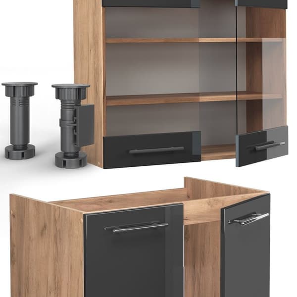Fame-Line kök, 240 cm, PT Marble, Blank antracit/Gyllene ek, Vicco