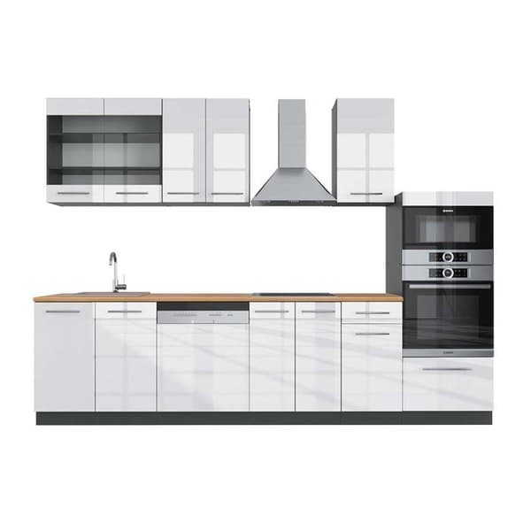 Fame-Line kök, 300 cm med högskåp, PT Ek, Blank vit/Antracit, Vicco