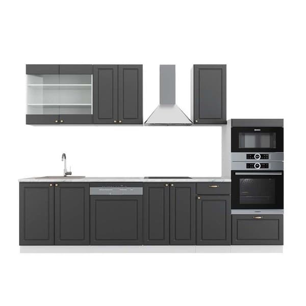 Fame-Line kök, 300 cm med högskåp, PT Marble, antracit-guld/vit, Vicco