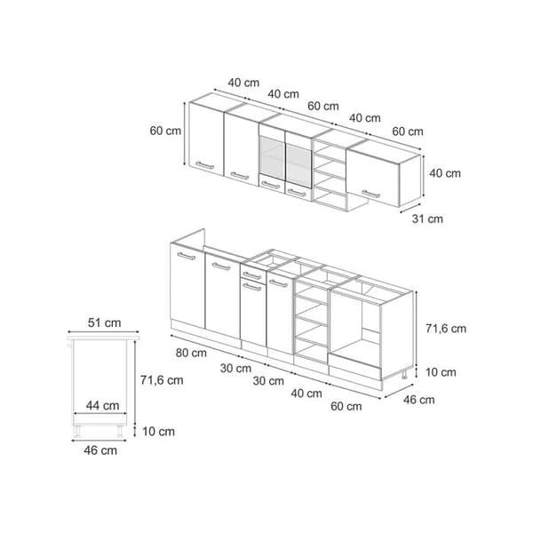 R-Line kök, 240 cm, PT Antracit, Blank svart/Vit, Vicco