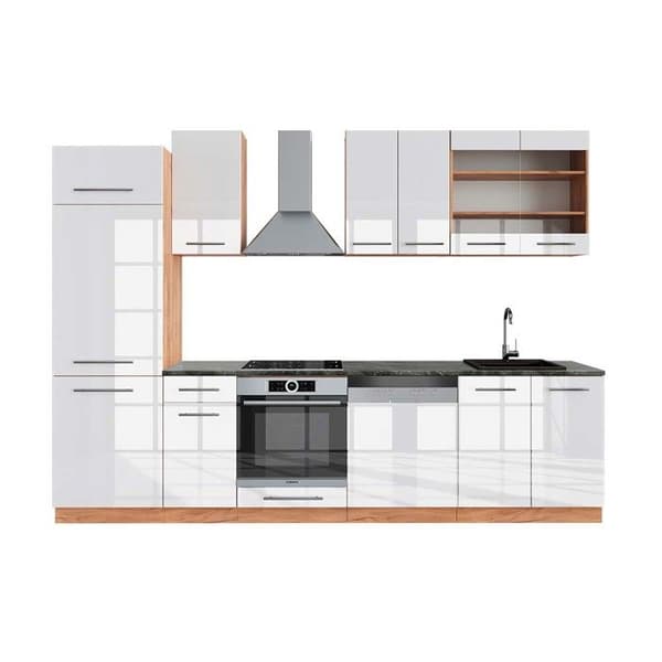 Fame-Line kök, 300 cm, PT Antracit, Blank vit/Gyllene ek, Vicco