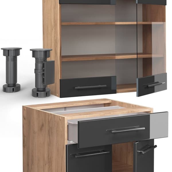 Fame-Line kök, 140 cm, PT Marble, Blank antracit/Gyllene ek, Vicco