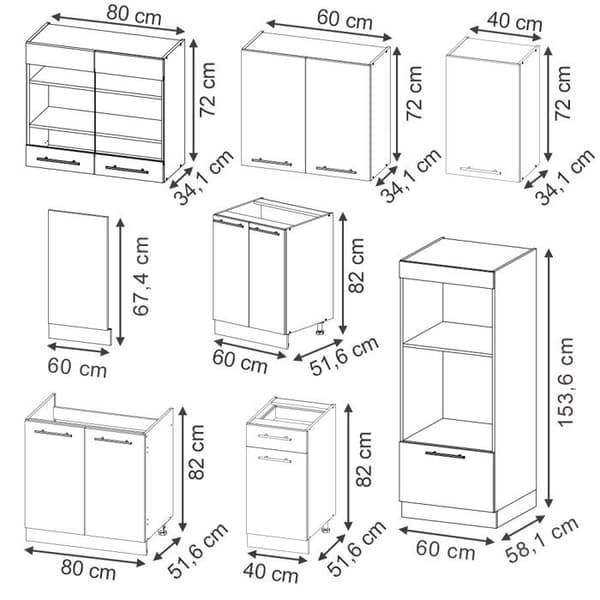 Vicco Fame-Line kök, Eksvart blank/vit, 300 cm med högskåp, PT Marble