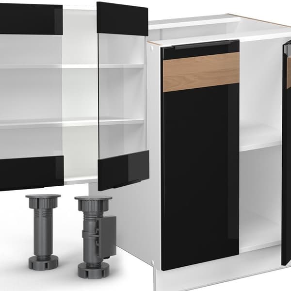 Vicco Fame-Line kök, Eksvart blank/vit, 300 cm med högskåp, PT Marble