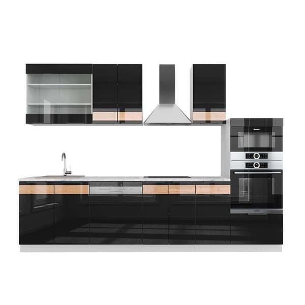 Vicco Fame-Line kök, Eksvart blank/vit, 300 cm med högskåp, PT Marble