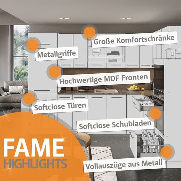 Fame-Line kök, 240 cm, PT Marble, Grön ek och guld/guld ek, Vicco