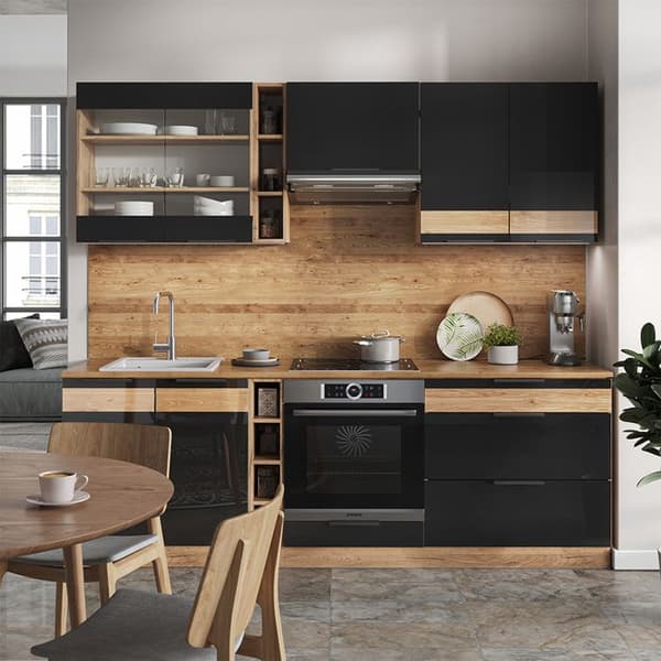 Vicco Fame-Line kök, blank svart ek/guld ek, 235 cm, PA ek