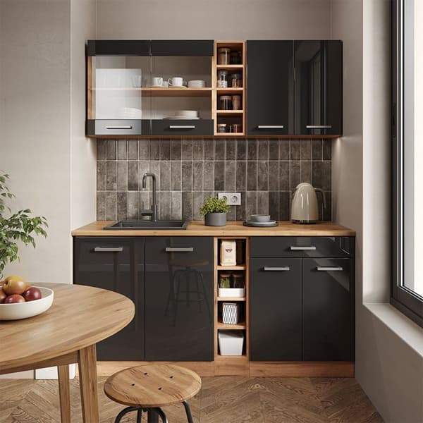R-Line kök, 160 cm, PT Antracit, Blank antracit/Gyllene ek, Vicco