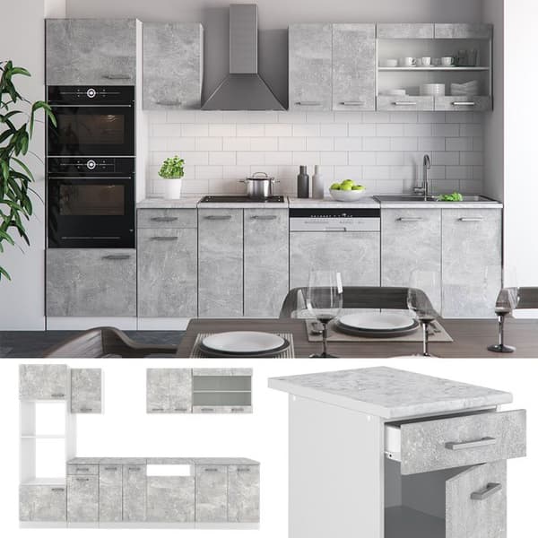 R-Line kök, 300 cm med högskåp, PT Marble, Betong, Vicco
