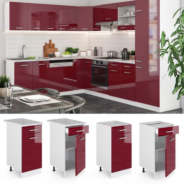 Köksmöbel R-Line, 40 cm utan PT, Bordeaux röd högglans, Vit, Vicco