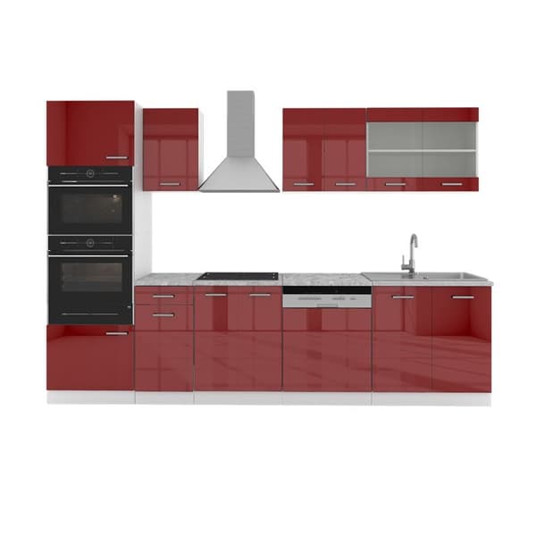 R-Line kök, 300 cm med högskåp, PT Marble, Bourgogne högglans/vit, Vicco