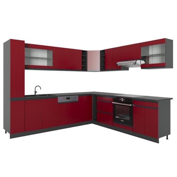 Hörnkök R-Line, 257 x 277 cm J-Shape, PT Antracit, Röd/Antracit, Vicco