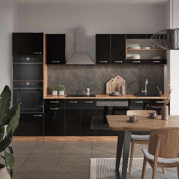 R-Line kök, 300 cm med högskåp, PT Marble, Blank svart/Gyllene ek, Vicco