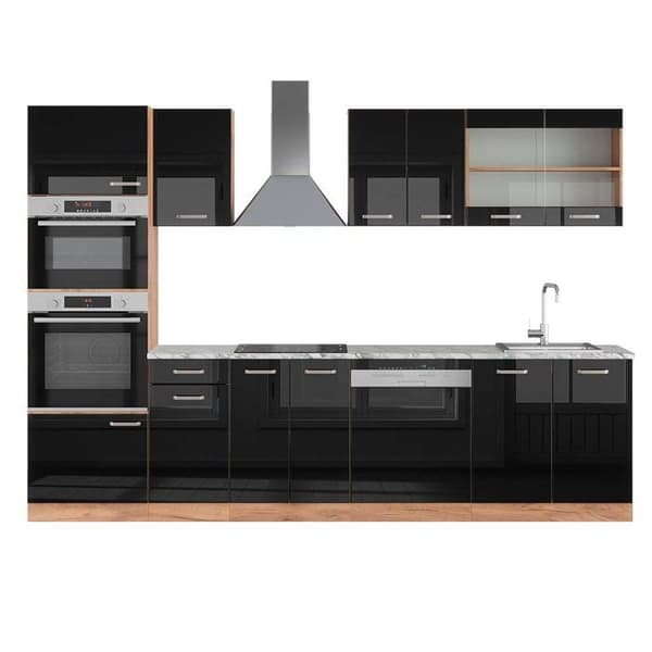 R-Line kök, 300 cm med högskåp, PT Marble, Blank svart/Gyllene ek, Vicco