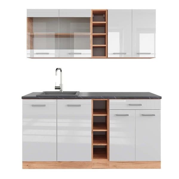 R-Line kök, 160 cm, PT Antracit, Blank vit/Gyllene ek, Vicco