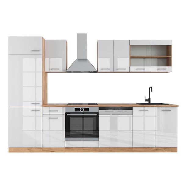 R-Line kök, 300 cm, PT Ek, Blank vit/Gyllene ek, Vicco