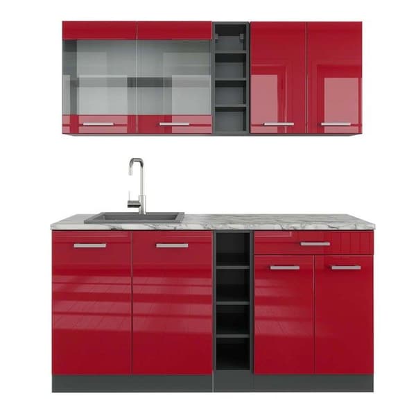 R-Line kök, 160 cm, PT Marble, Bordeaux högblank/antracit, Vicco