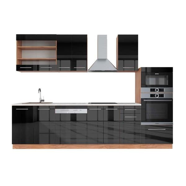 Fame-Line kök, 300 cm med högskåp, PT Marble, Blank antracit/Gyllene ek, Vicco