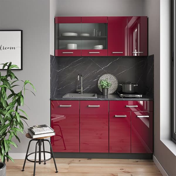 R-Line kök, 140 cm, PT Ek, Bourgogne högblank/antracit, Vicco