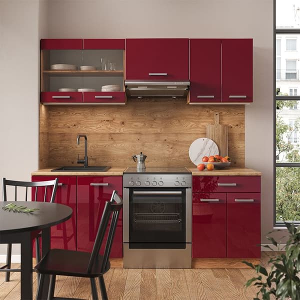 R-Line kök, 200 cm, PT Marble, Blank Bordeaux/Golden Oak, Vicco