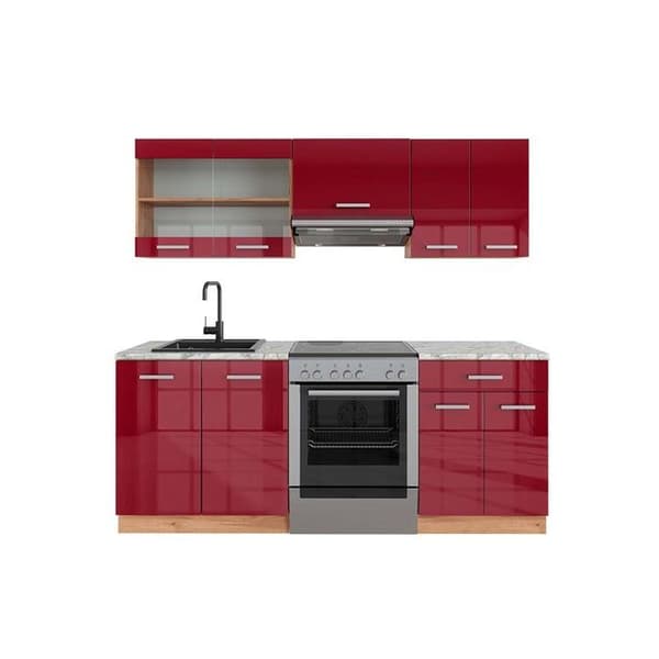 R-Line kök, 200 cm, PT Marble, Blank Bordeaux/Golden Oak, Vicco