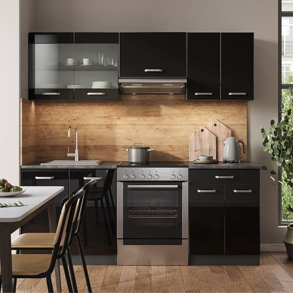 R-Line kök, 200 cm, PT Marble, Blank svart/Antracit, Vicco