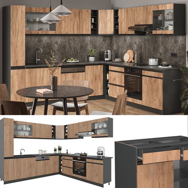 R-Line hörnkök, 257 x 277 cm J-Shape, PT Antracit, Gyllene ek/antracit, Vicco