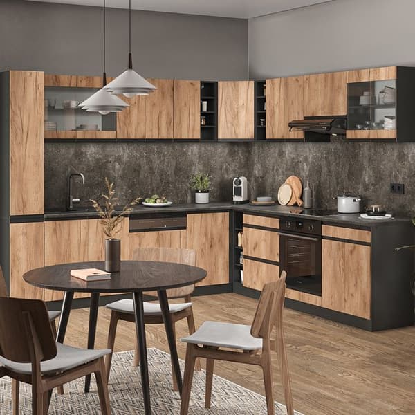 R-Line hörnkök, 257 x 277 cm J-Shape, PT Antracit, Gyllene ek/antracit, Vicco