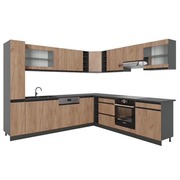 R-Line hörnkök, 257 x 277 cm J-Shape, PT Antracit, Gyllene ek/antracit, Vicco