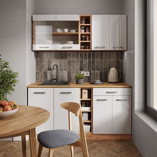 R-Line kök, 160 cm, PT Ek, Blank vit/Gyllene ek, Vicco