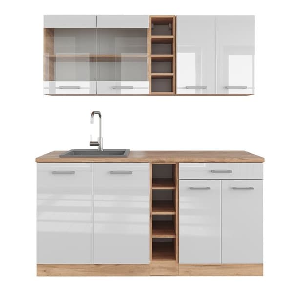 R-Line kök, 160 cm, PT Ek, Blank vit/Gyllene ek, Vicco