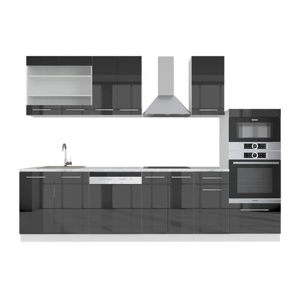 Fame-Line kök, 300 cm med högskåp, PT Marble, Blank antracit/vit, Vicco