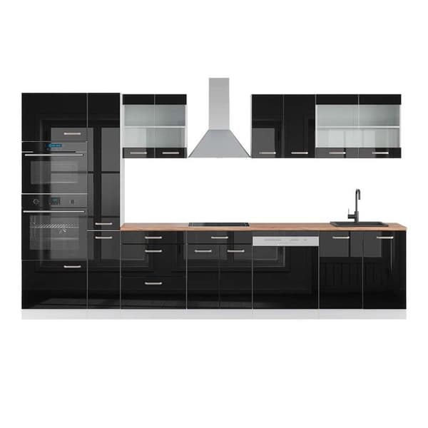 R-Line kök, 350 cm med högskåp, PT Ek, Blank svart/Vit, Vicco