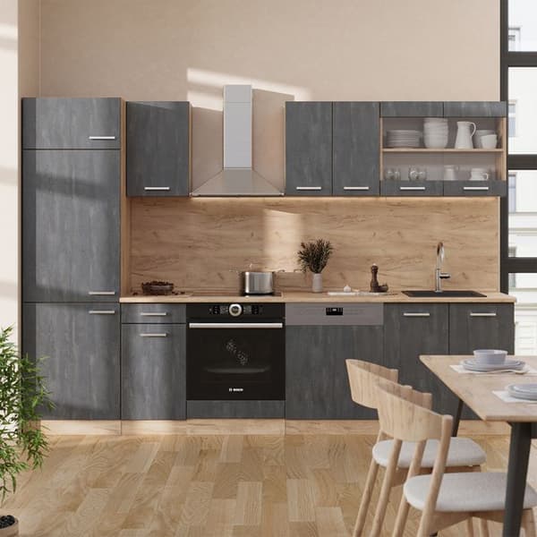 Vicco kök R-Line, Svart betong/guld ek, 300 cm PT Ek