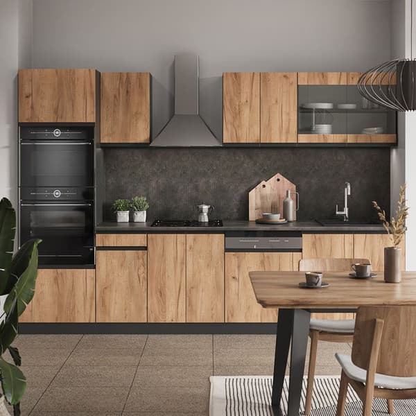 Vicco kök R-Line, Guld ek/antracit, 300 cm med högskåp, PT Ek