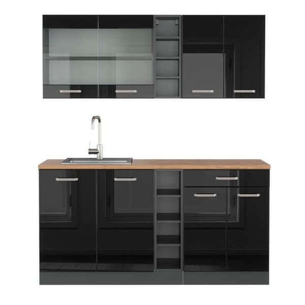 R-Line kök, 160 cm, PT Ek, Blank svart/Antracit, Vicco