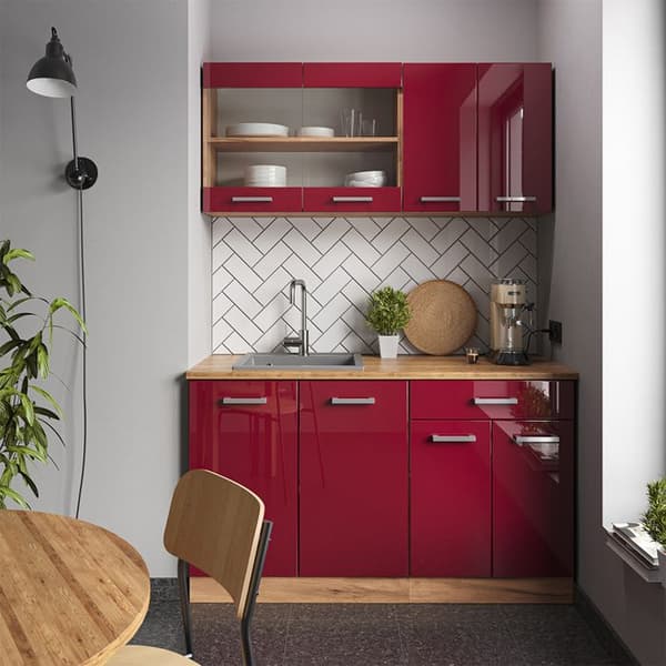 R-Line kök, 140 cm, PT Marble, Blank Bordeaux/Golden Oak, Vicco