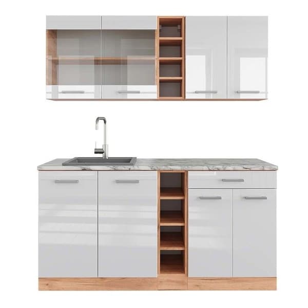 R-Line kök, 160 cm, PT Marmor, Blank vit/Gyllene ek, Vicco