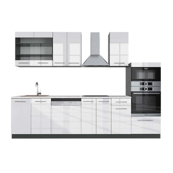 Fame-Line kök, 300 cm med högskåp, PT Marble, Blank vit/Antracit, Vicco