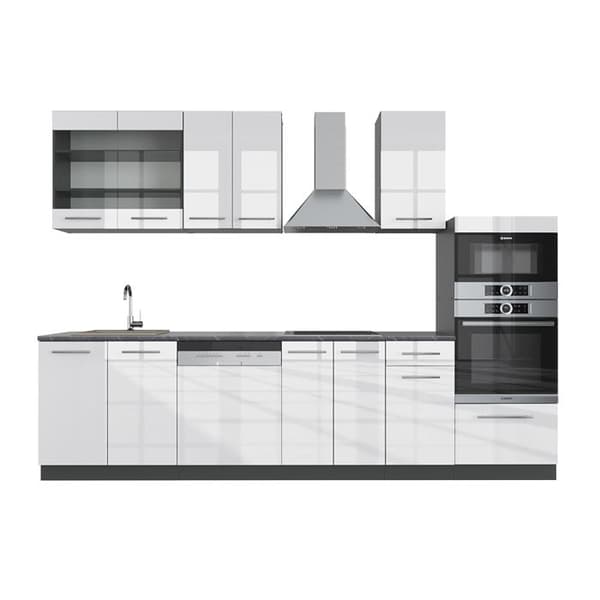 Fame-Line kök, 300 cm med högskåp, PT Antracit, Blank vit/Antracit, Vicco