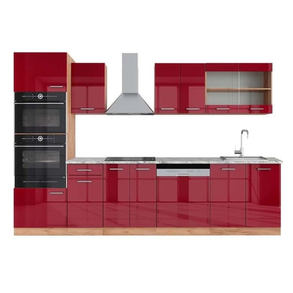 R-Line kök, 300 cm med högskåp, PT Marble, Blank Bordeaux/Golden Oak, Vicco