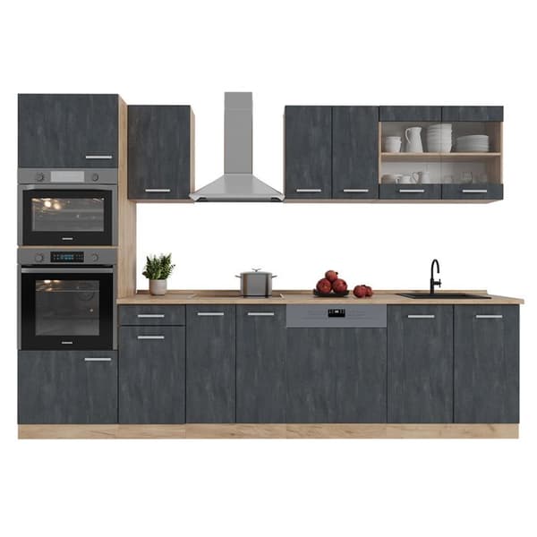 Vicco kök R-Line, Svart betong/guld ek, 300 cm utan bänkskiva