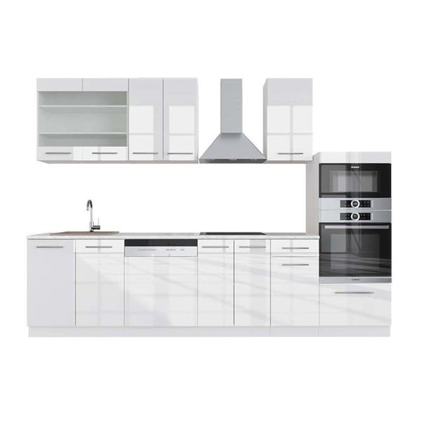 Fame-Line kök, 300 cm med högskåp, PT Marble, blank vit/vit, Vicco